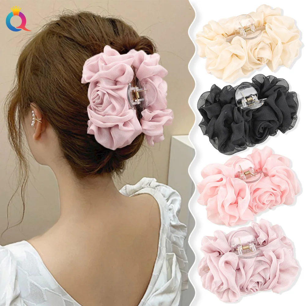 

2023 New Elegant Silk Chiffon Large Hair Claw Women Fashion Flower Bow Barrettes Clamps Clips Ponytail Holder Hair Accessories