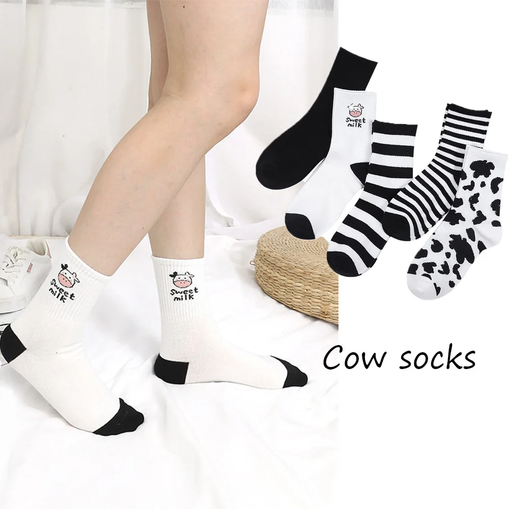

Trendy Women Cartoon Striped Black White Funny Cow Print Cow Socks Cotton Hosiery Women Socks
