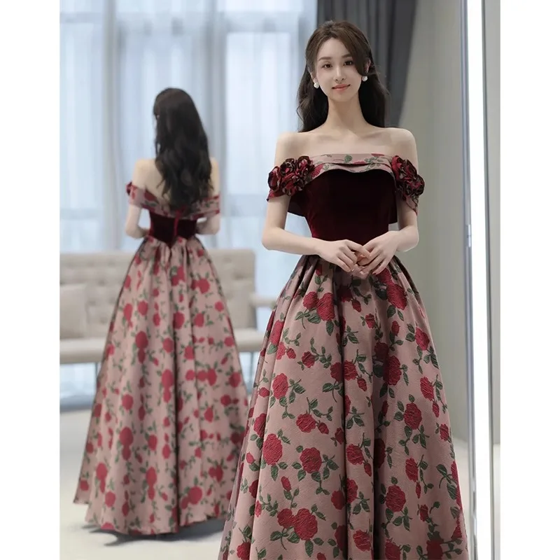 

Evening Dress for Women French Style Floral Slash Neck Off Shoulder A-Line Floor-Length Engagement Dresses Wedding Party Wear