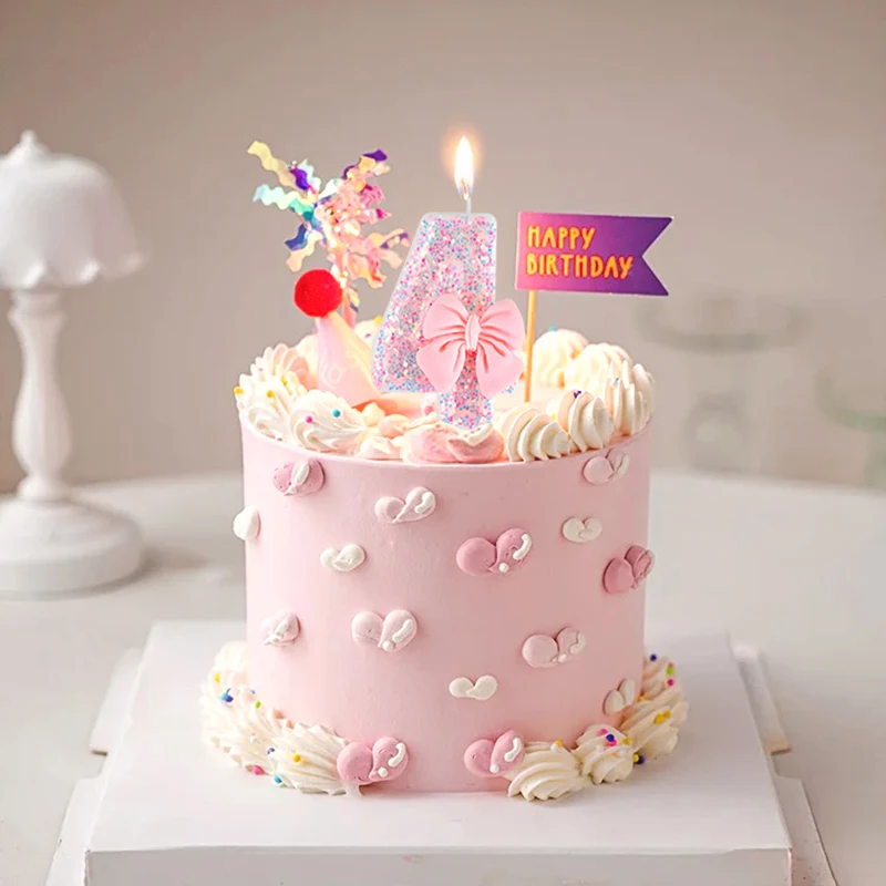 Happy Cakes エシャルプ　ピンク 1pc Happy Birthday Number Cake Candles Pink Sequin Bow