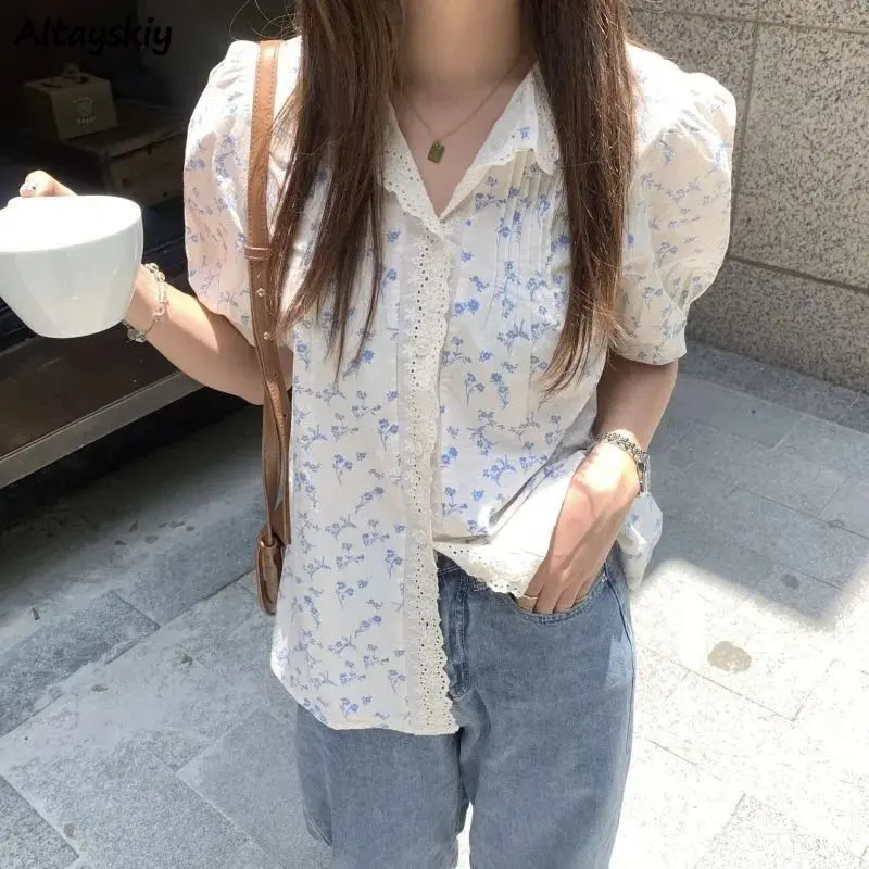 

Floral Shirts Women Korean Style Sweet Tender All-match Fashion College Vintage Puff Sleeve Temperament Summer Loose Simple Chic