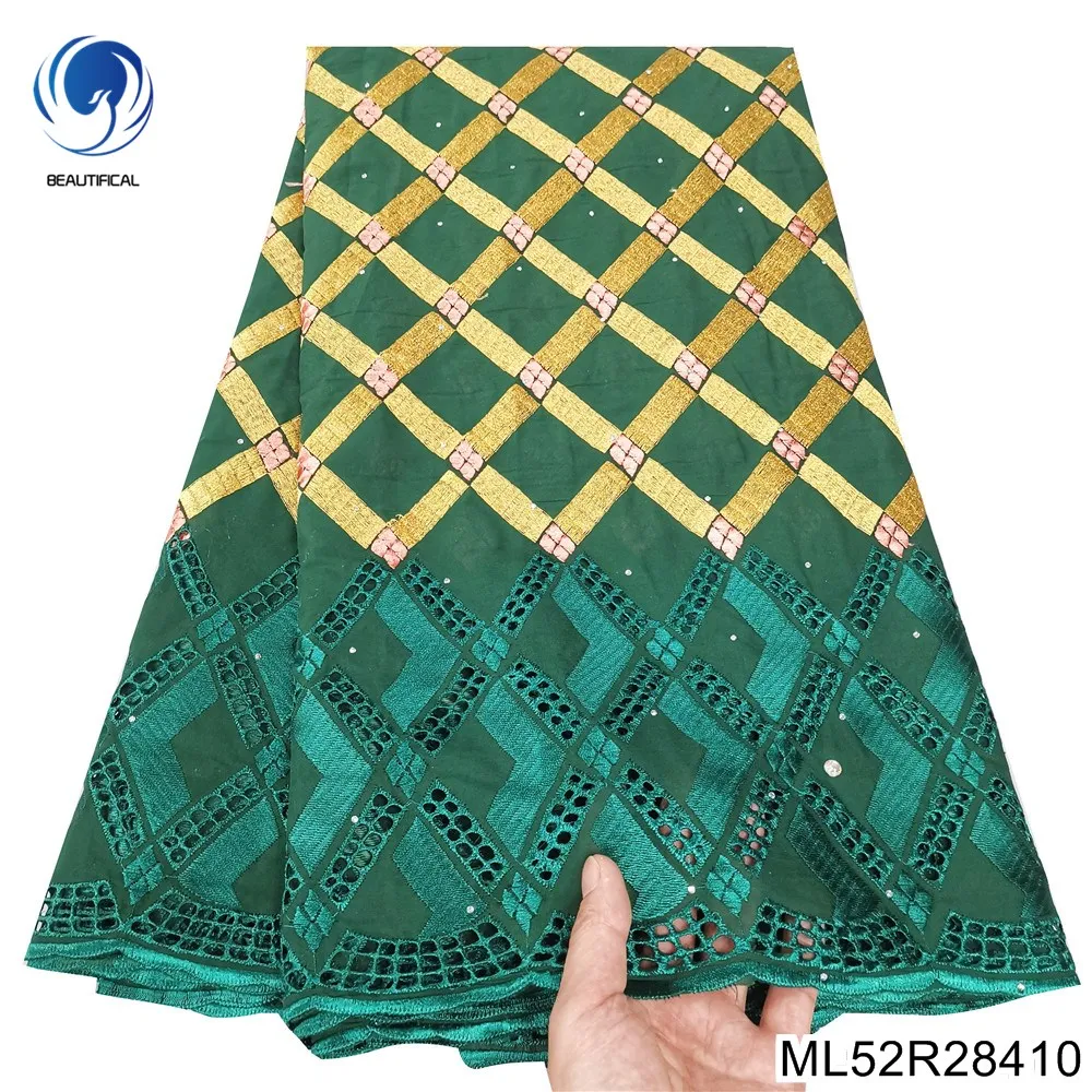 

2023 New Beautiful Swiss Lace Wedding Green Nigerian Party Dress 100% Cotton Fabric with High Quality Embroidery ML52R284