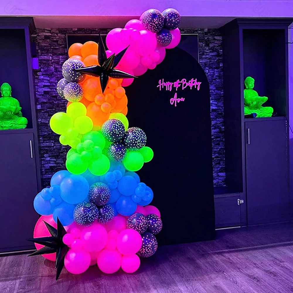 1 Set Neon-Geburtstagsballons mit Bogen, UV-leuchtendes Schwarzlicht, Latex, Globos, Neon-Luftballons, Girlande für Geburtstagsparty-Dekorationszubehör – Detail 23