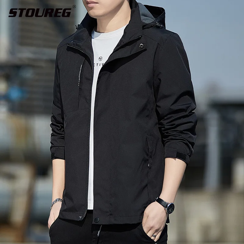 

STOUREG Hooded Hiking Jacket for Men Autumn Casual Windbreaker Outdoor Detachable Outerwear Softshell Jacket Men Camping Coat