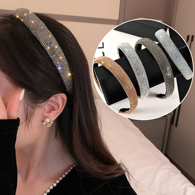 Non-slip Sparkly Wide Hair Hoop Crystal Beaded Hairbands Shiny Full Rhinestone Headbands Solid Color Head Hoop Hair Accessories