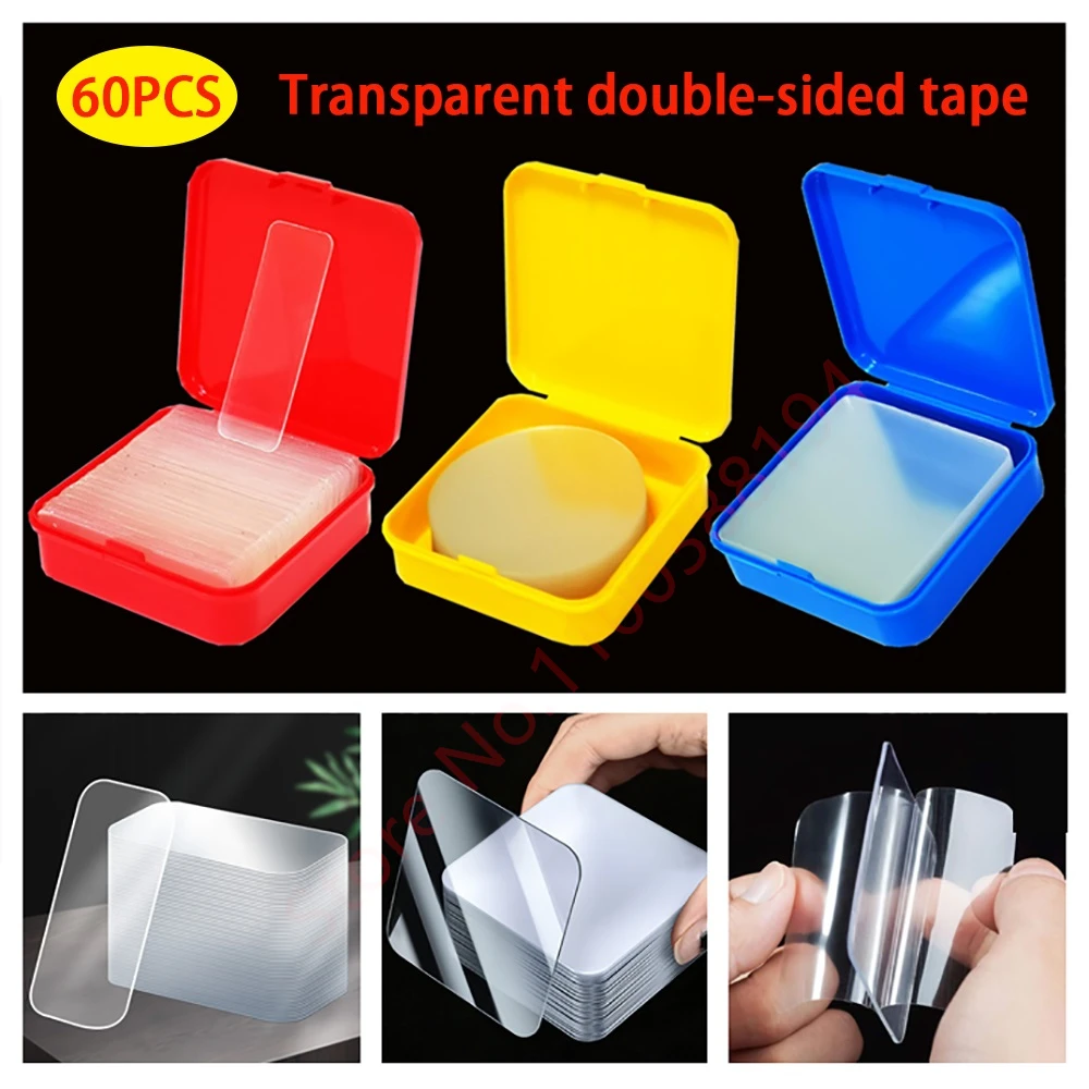 60pcs/Box Reusable Traceless Double Sided Tape Transparent Glue