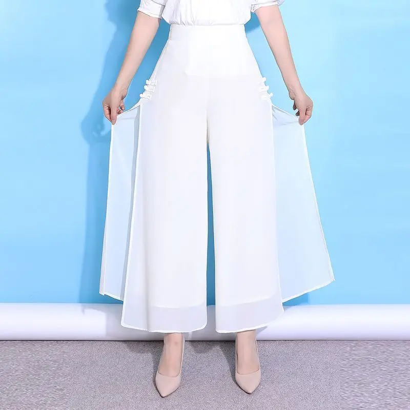 Split Wide Leg Women's Chinese Style Summer 2024 New Patchwork Elasticized Buckle Fashion Solid Color Loose Chiffon Casual Pants