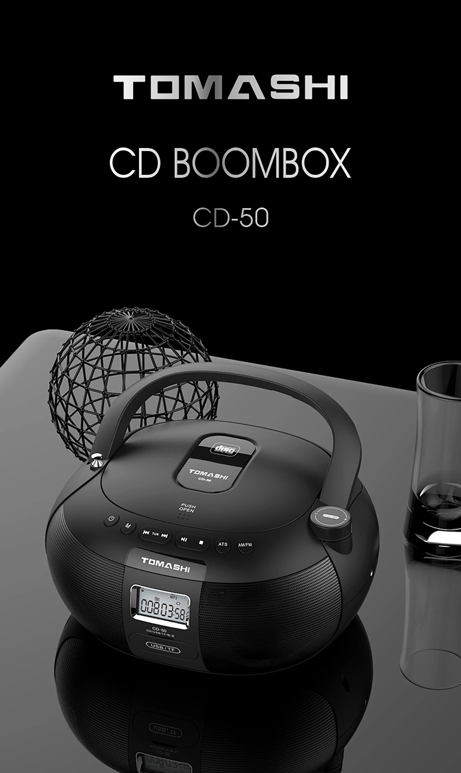 CD-50 CD Player Boombox in Black Portable CD Player Stereo Sound LCD Display USB/TF Card Drive Supported Headphone Jack
