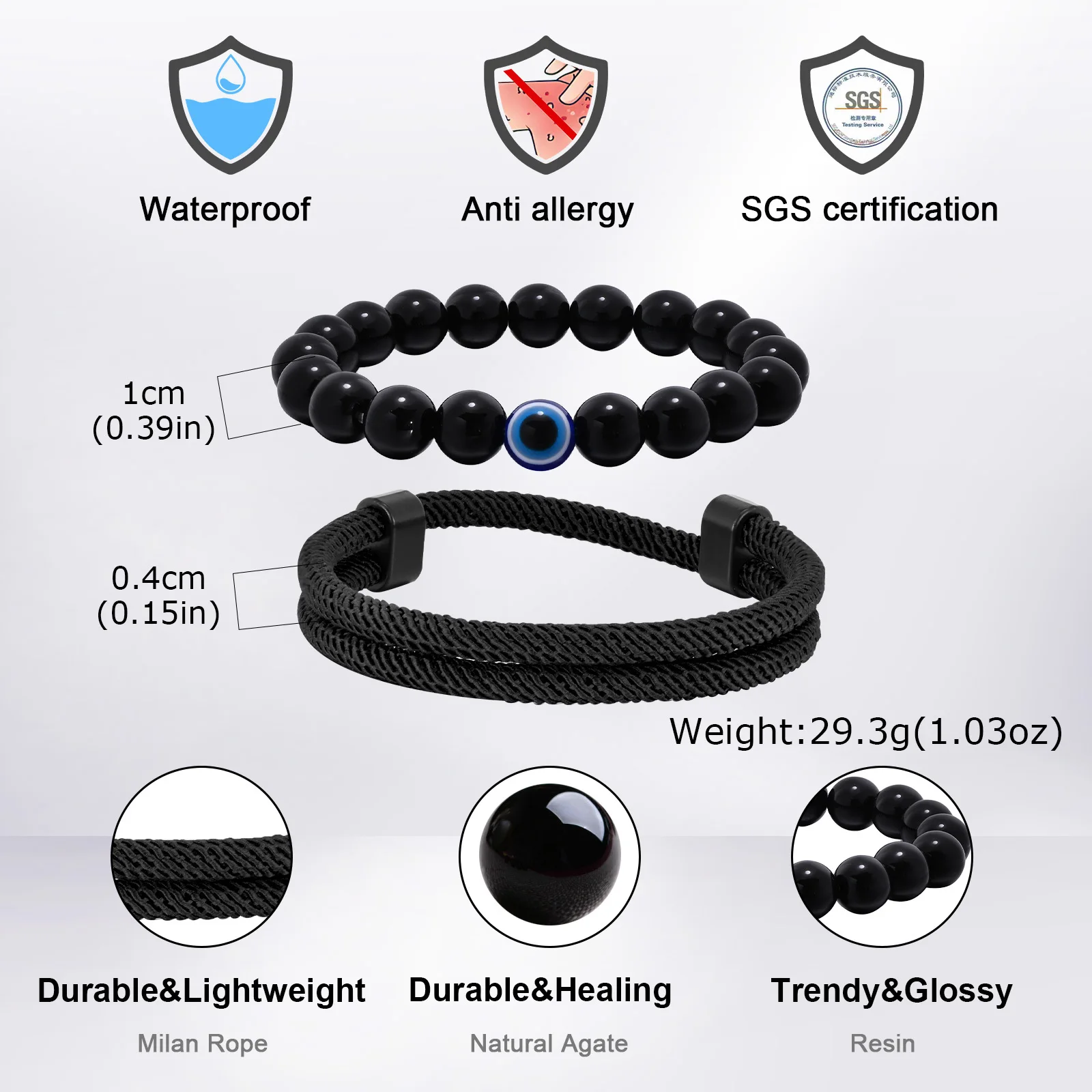 2pcs Devid Eye Beaed Bracelet for Men Boys,Cool Black Color Adjustable Rope Wristband,Türkiye Birthday Party Anniversary Gift