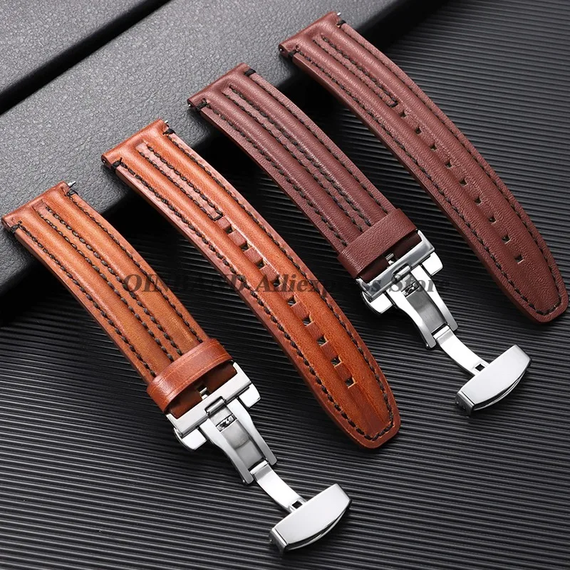 Vintage Leather Watch Band with Butterfly Clasp - Quick Release Oil Wax Cowhide Strap