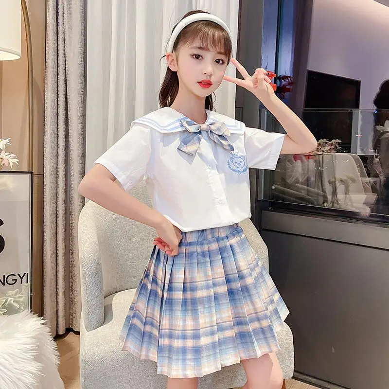 

Kids Teen School Girl Uniform Pleated Skirts Japanese School Uniform High Waist A-Line Plaid Skirt JK Uniforms Free Tie And Sock