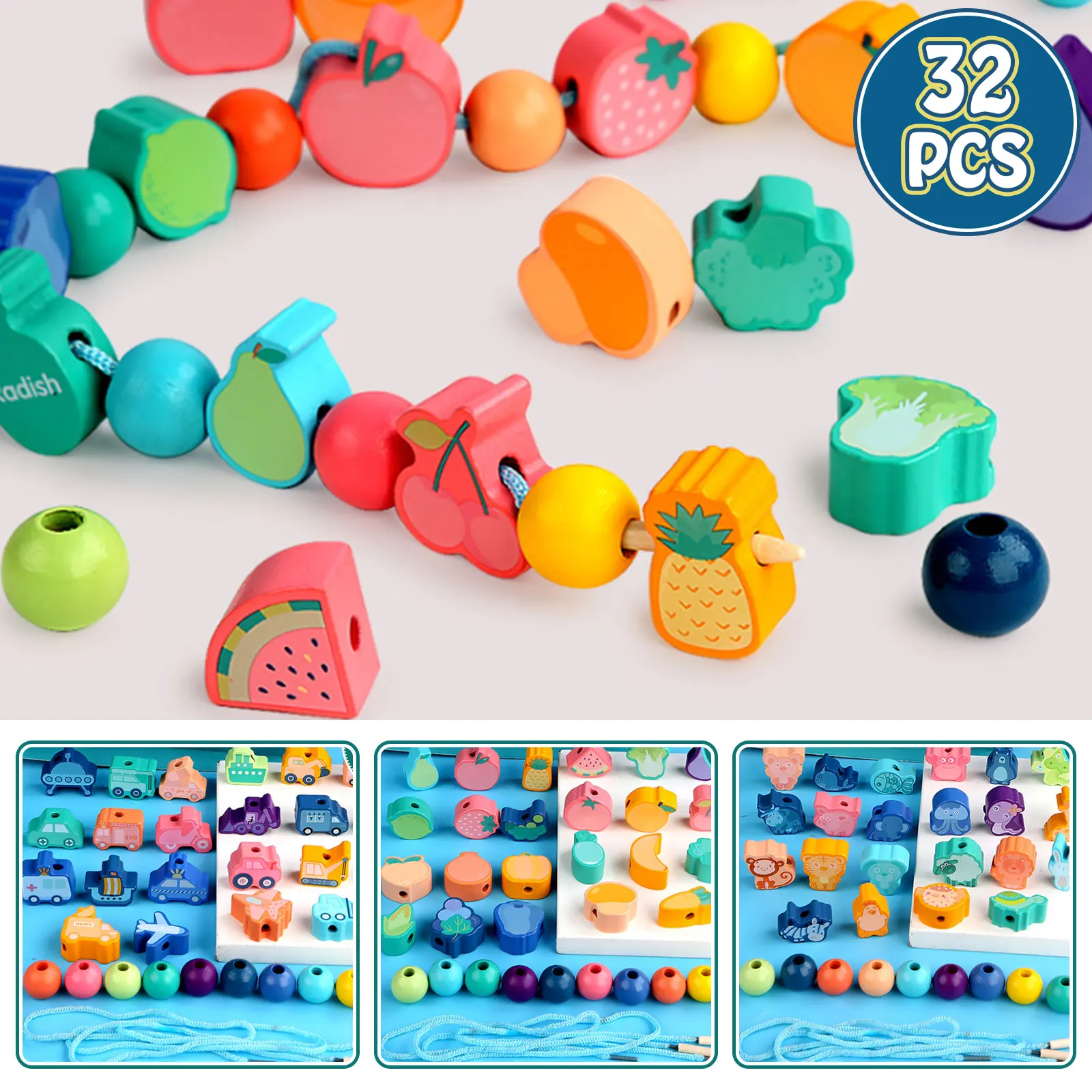 Lacing Beads Toys, Colorful Wooden Animal String Threading Beads Montessori Educational Toys for Toddlers Children Kids