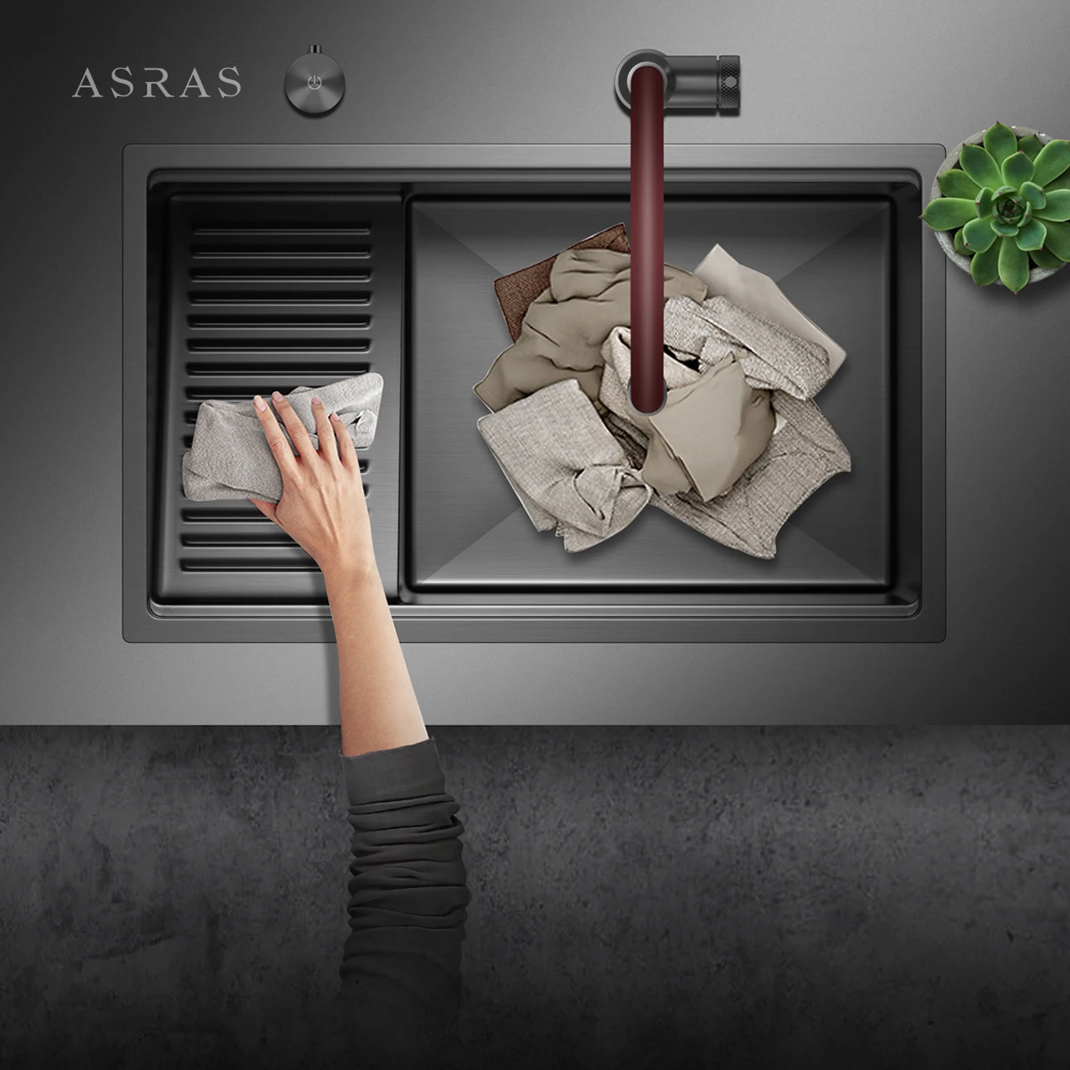 ระเบียง ASRAS พร้อมอ่างล้างหน้า อ่างล้างจานสแตนเลส 304 สีเทานาโน อ่างล้างหน้าใต้โต๊ะ อ่างล้างจานเดี่ยว 1