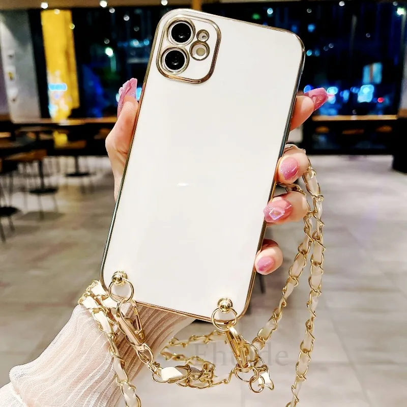 Crossbody Lanyard PU Leather Metal Chain Cover with Strap Plating Case