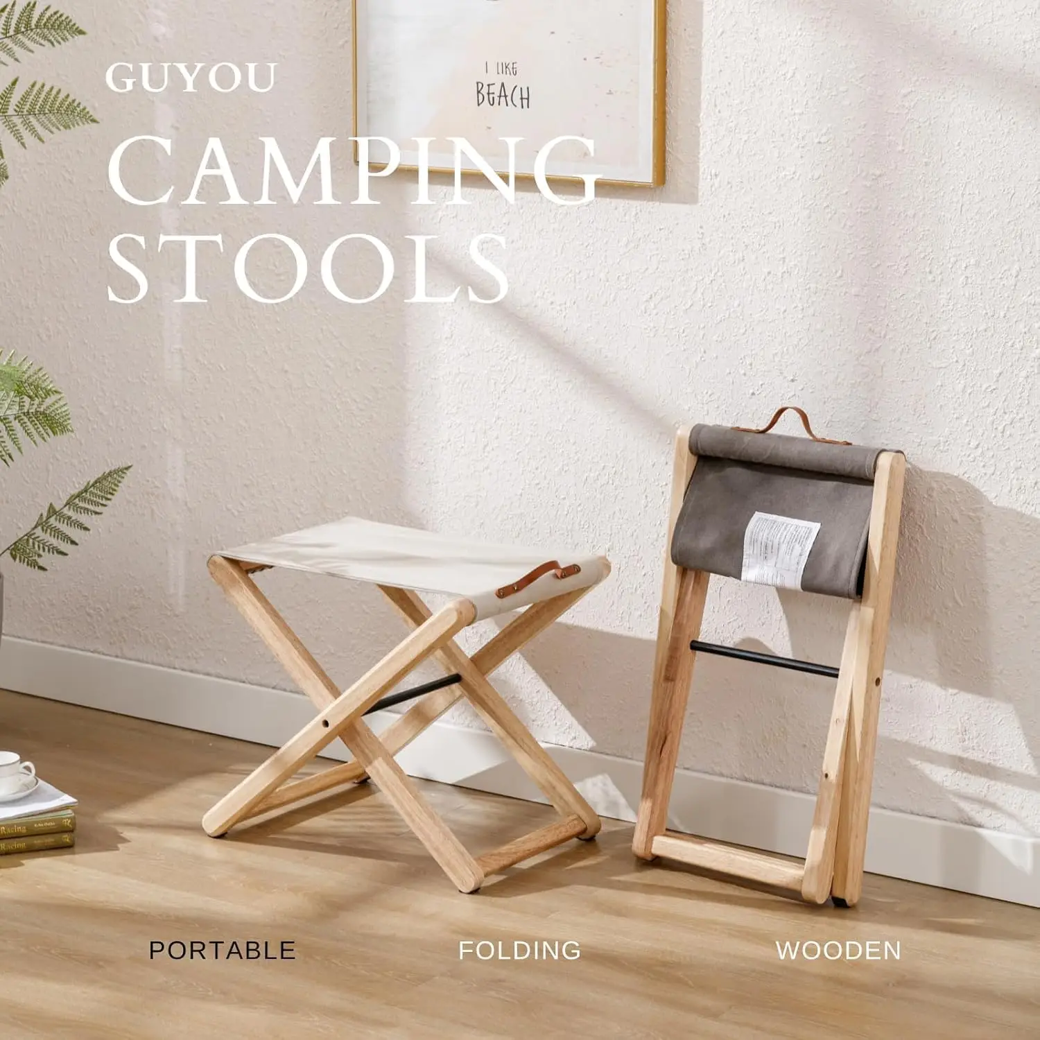 Folding Canvas Camp Stools Set of 2, Wood Folding Camping Stool Patio Portable Foot Stool Slacker Chair for Garden Outdo