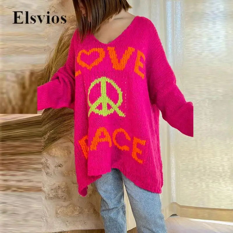 

Women's Fashion Long Sleeve Loose Jumper Female Vintage V Neck Y2K Pullover Tops Neon Color Letter PEACE & LOVE Knitted Sweater