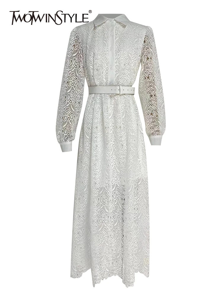 

TWOTWINSTYLE Vintage Lace Panel Dress For Women Lapel Long Sleeve High Waist Solid Elegant Midi Dresses Female Clothes Style New