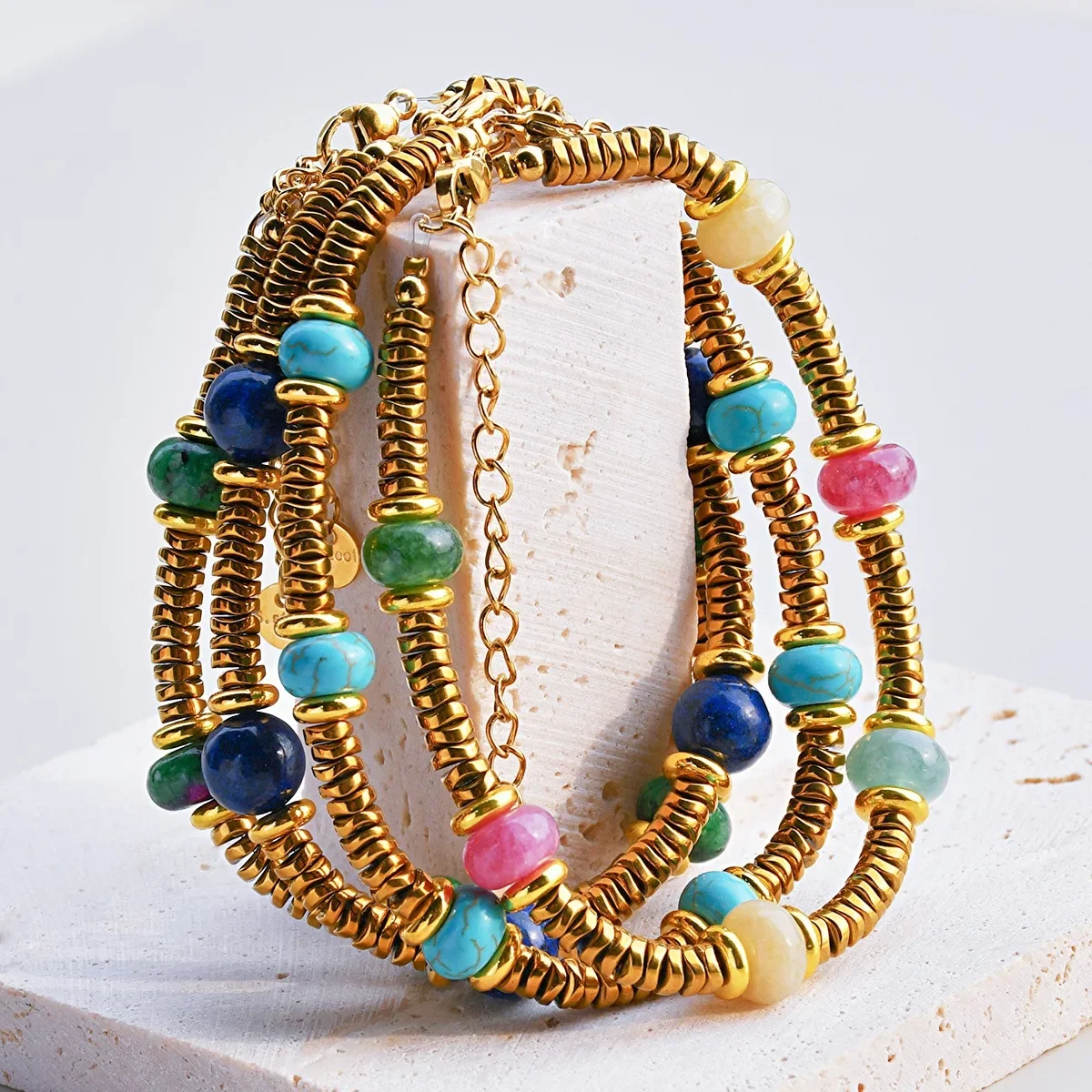Multicolour Natural Stone Round Bead Handmade Beads Bracelet for Women Waterproof Glass Gold Color Bracelets Party Gift Jewelry