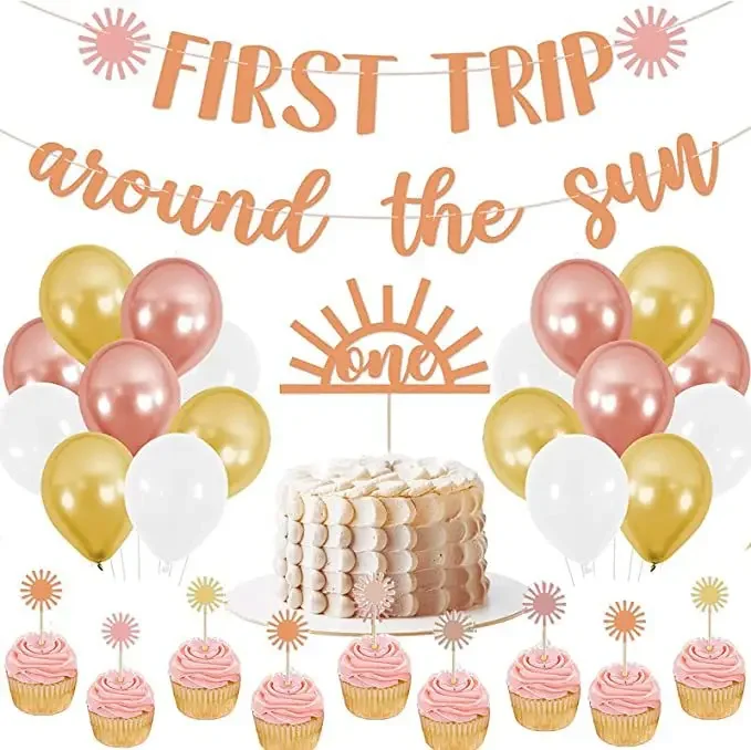 

First Trip Around The Sun Girl 1st Birthday Decorations First Trip Around The Sun Banner Sun Cake Toppers Boho First Party Decor