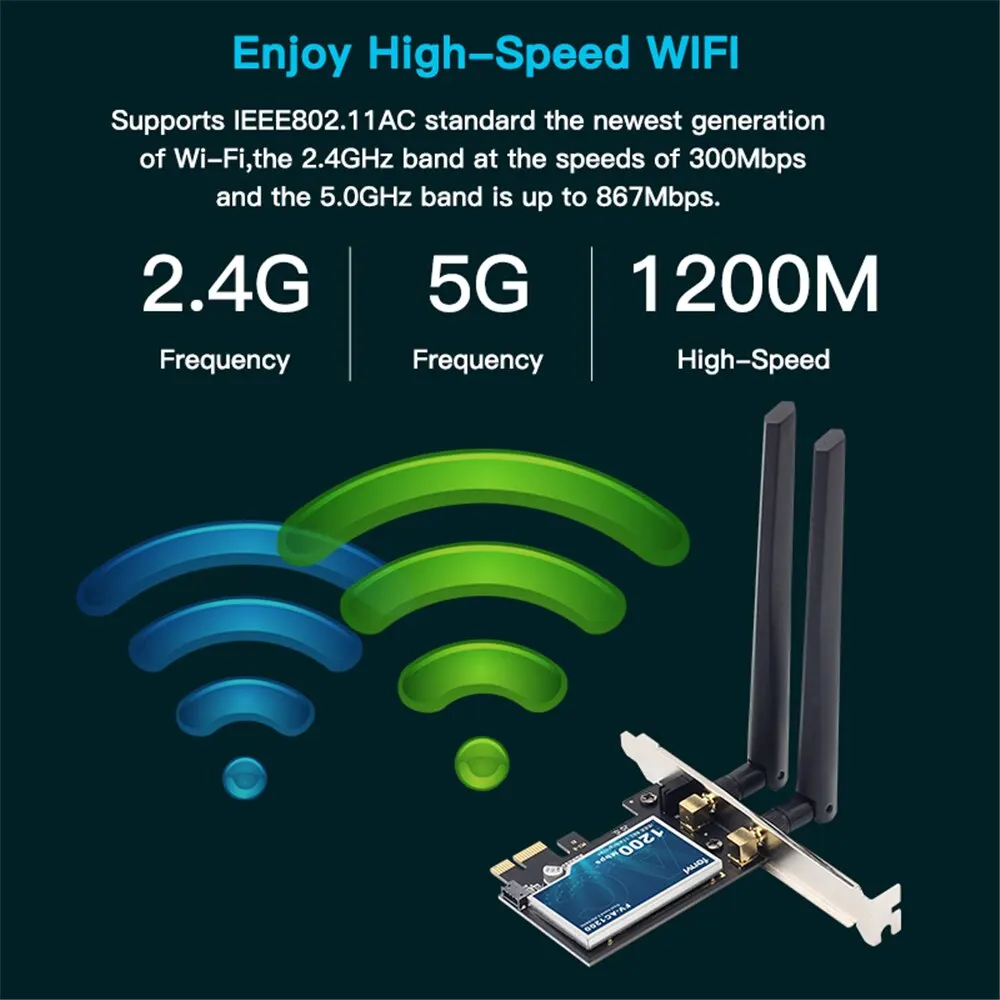 FENVI 무선 와이파이 카드 PCIE 어댑터 FV-AC1200, 듀얼 밴드 2.4Ghz, 5Ghz, 802.11AC, 블루투스 4.0, 와이파이 어댑터 Win7, 10/11, 1200Mbps
