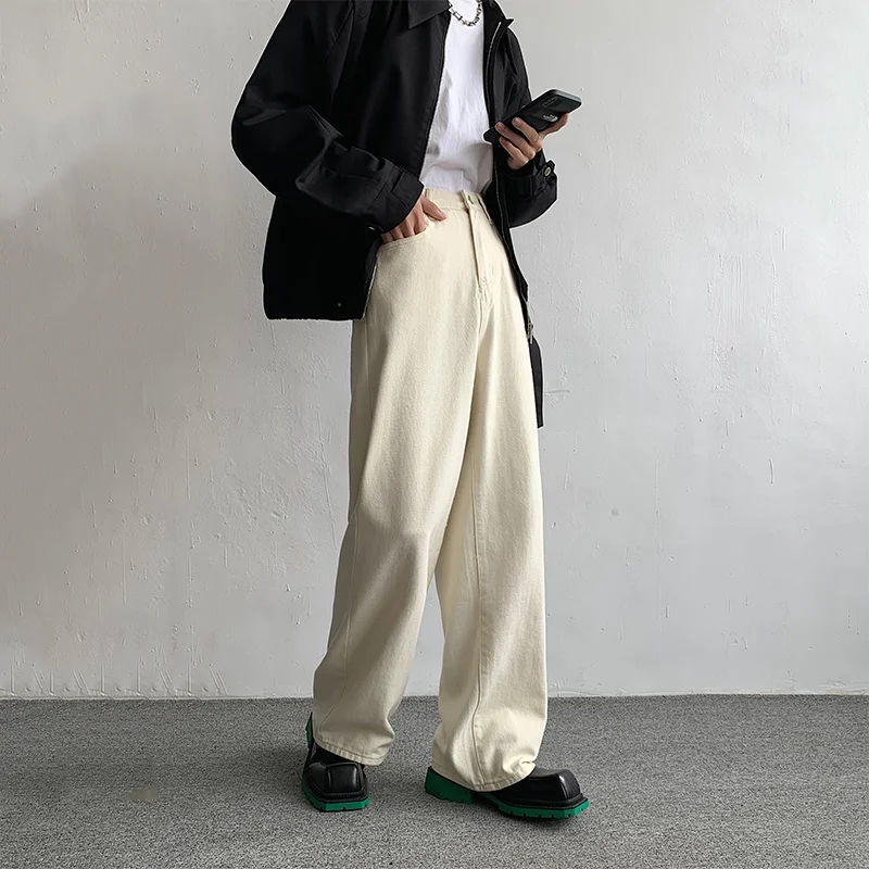 Baggy Beige Jeans Men Fashion Casual Oversized Wide Leg Jeans Men Streetwear Korean Loose Straight Denim Pants Mens Trousers 3