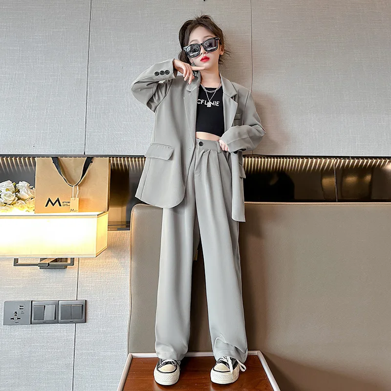 Girls Elegant Suit for Autumn 2023 Grey Blazer Wide Leg Pants Two Pieces School  Uniform Children Set Casual Loose Kids Clothes - AliExpress