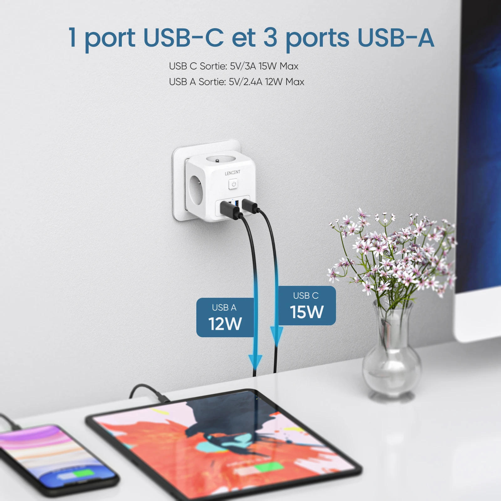 Prise USB, 3 prises avec 3 ports USB et 1 port Type-c, adaptateur