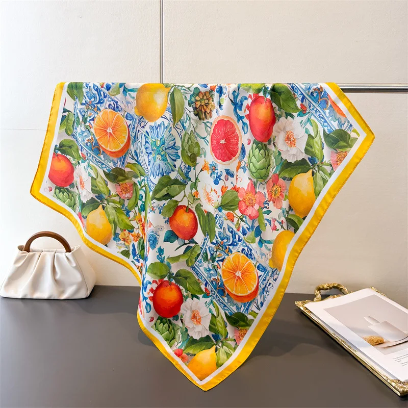 Modische bedruckte Seiden-Haarbänder, Sommer-Zitronenschal für Damen, 2026 Neu, elegantes Bandana, Halstuch, Kopfbänder, Foulard, Damenschals – Detail 8