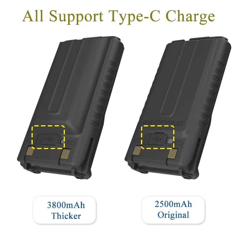 Baofeng UV-5RH Pro Battery 2500/3800mAh Optional USB-C Charger BF-K5 Plus UV-5RH Max GM-5RH Walklie Talkie Rechargable Batteries 4