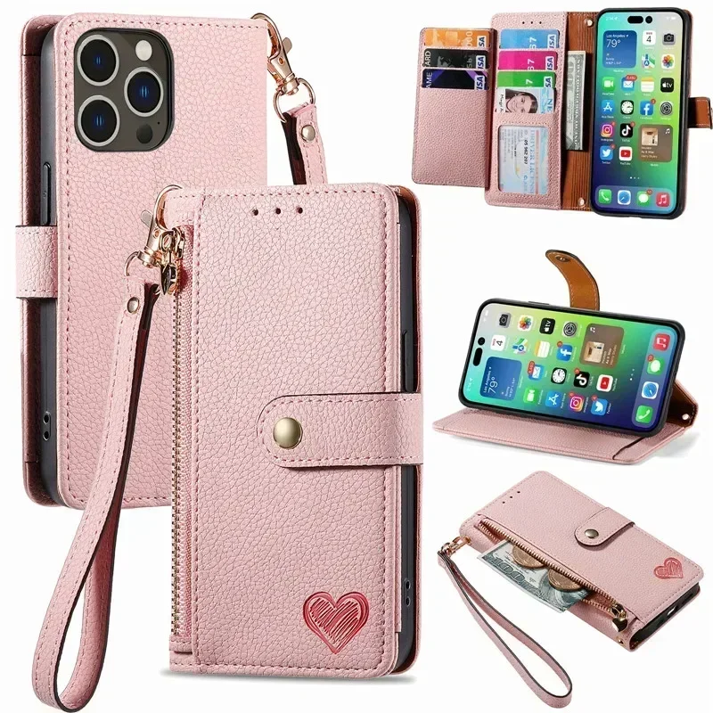 Luxury Leather Crossbody Zipper Wallet Phone Case with Lanyard
