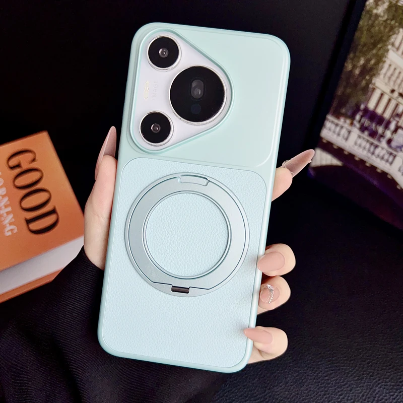 Fashion Magnetic Lychee Texture PU Leather Ultra Thin 360° Rotation Ring Stand Phone Case