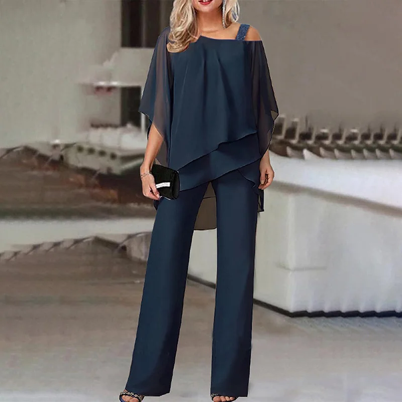 

Women Straight Long Pants Outfits Casual Off Shoulder Ruffled Irregular Party Suit Spring Office Commuting Two Piece Set Elegant