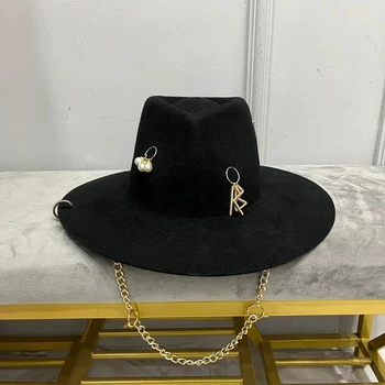 Autumn and Winter Fedora Chain Top Hat RB Hat Women's Chain Felt Hat Jazz Top European and American Style Jazz Hat  sombrero muj