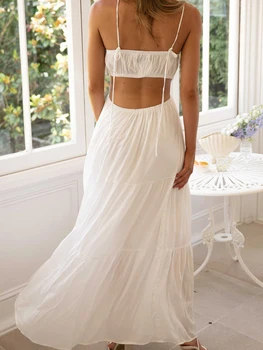 Women's Summer Cami Dress Solid Color Spaghetti Strap Waist Cutout Open Back Long Dress 4