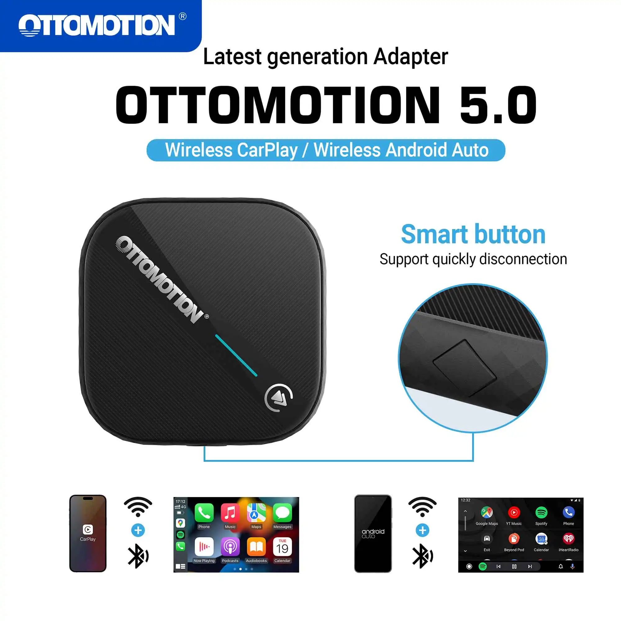 OTTOMOTION 5.0 Android Auto Wireless CarPlay Ai Box Wireless Adapter GPS Navigation for Volkswagen Benz Ford Kia Accessories