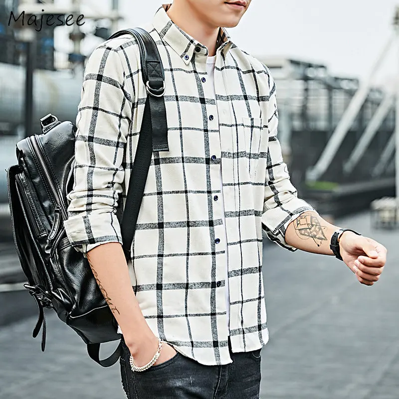 

M-4XL Plaid Shirts Men Long Sleeve Clothes Harajuku Spring Handsome Femme Casual Camisas Japanese Stylish Temper Chic Minimalist