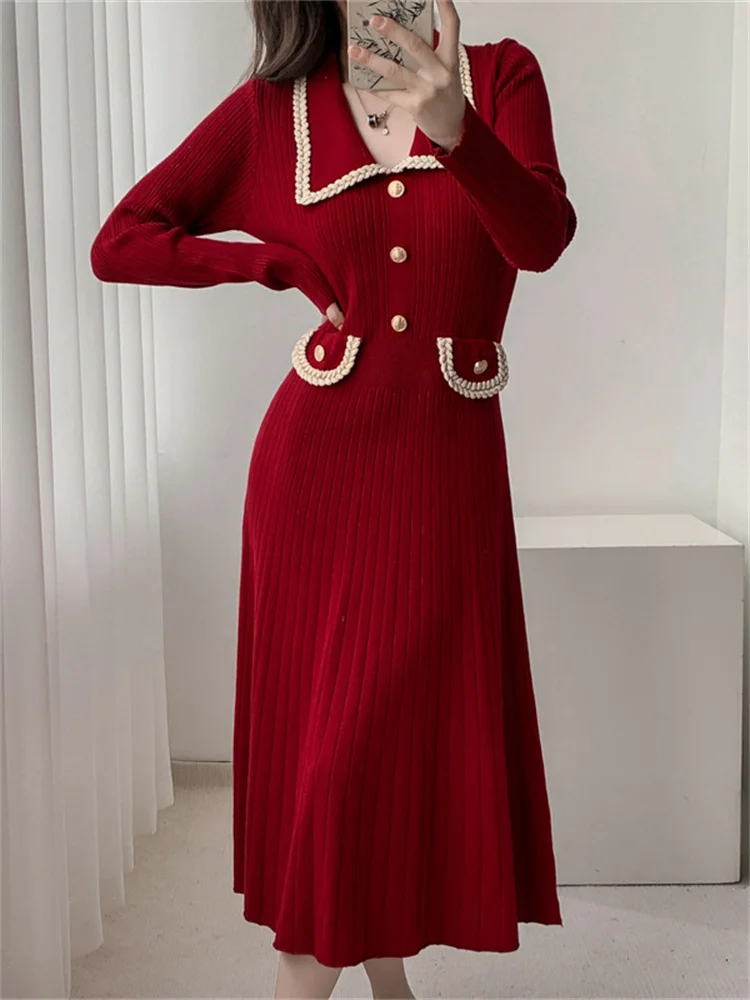 

Tossy Fashion Slim Knit Maxi Dress Ribbed Lapel For Women Pocket Long Sleeve Elegant Party Dress Bodycon Knitwear Autumn Dress