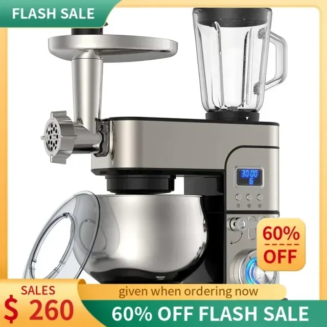 D2B6-IN-1 Stand Mixer,1200W LCD Display Electric Mixer,6.5QT Mixer,With Dough Hook,Whisk,Beater,Meat Grinder,Blender,Splash Guar 1