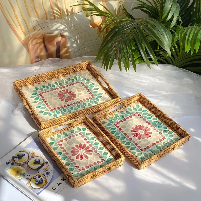 Rattan Shell Tray Living Room Home Creative Woven Snack Storage Basket Fruit Sundries Basket Kitchen Storage Tray Decorate