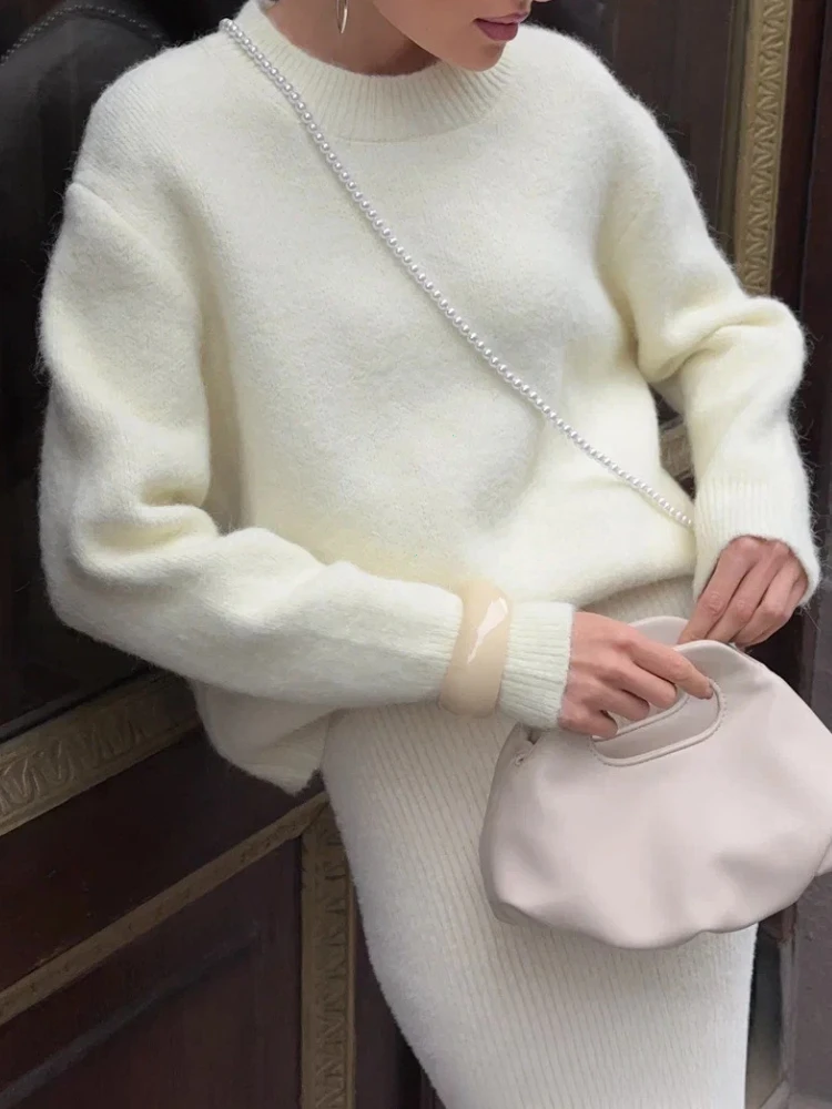 Basic O Neck Basic Sleeve Sweater Women 2025 Oversized Short Knitted Wool Pullover Female Casual Thick Warm Soft Tops