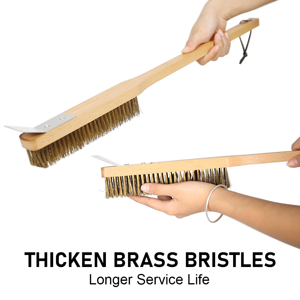 Pizza Oven Copper Brush Wood Handle Bristle Brass Scraper Household Grill Cleaning Brush Oven Accessories 22 inch