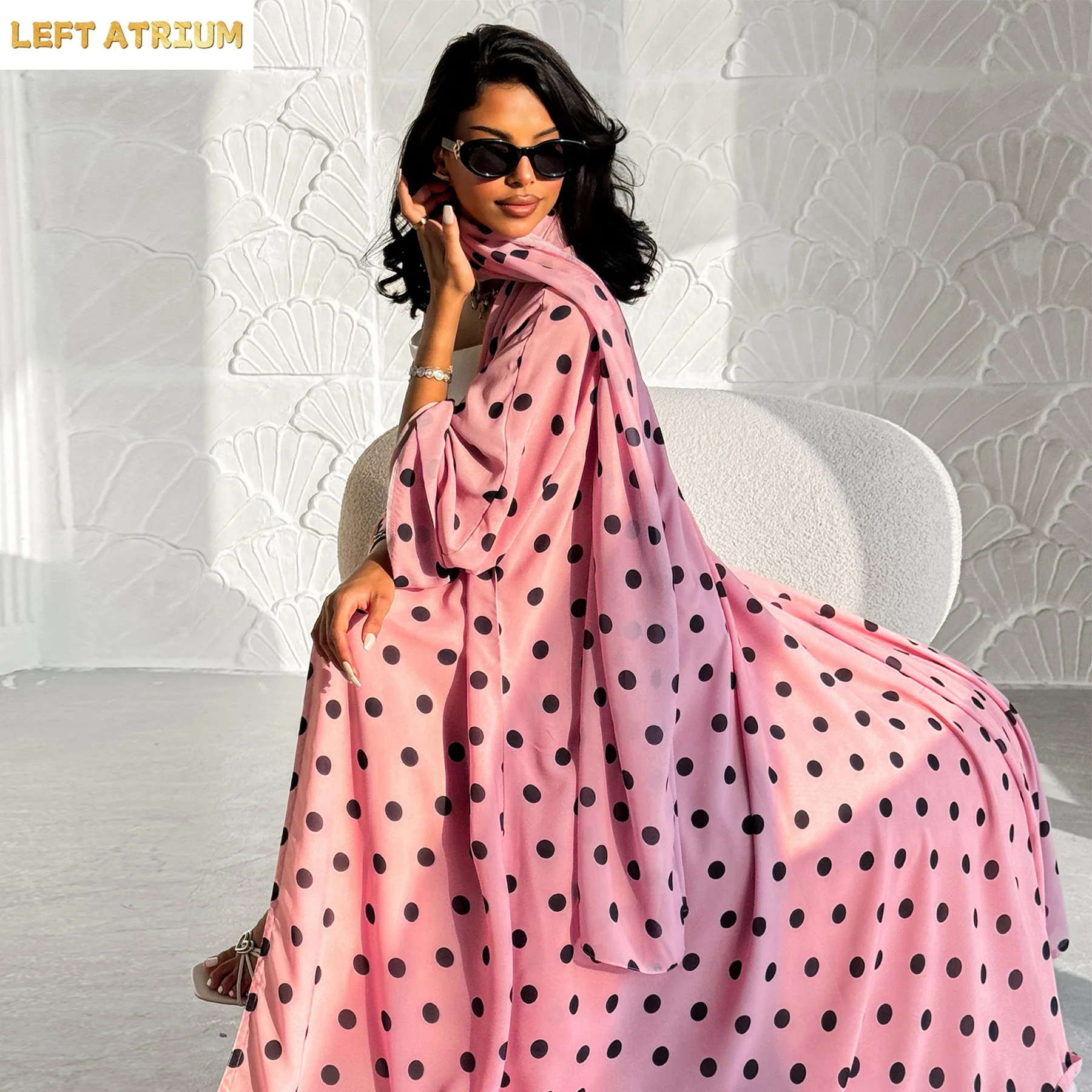 Dubai Polka Dot Kimono Cardigan Robe Headscarf Set Muslim Dress Women Islam Clothing Ramadan Eid Open Abaya Turkey Kaftan Abayas 2