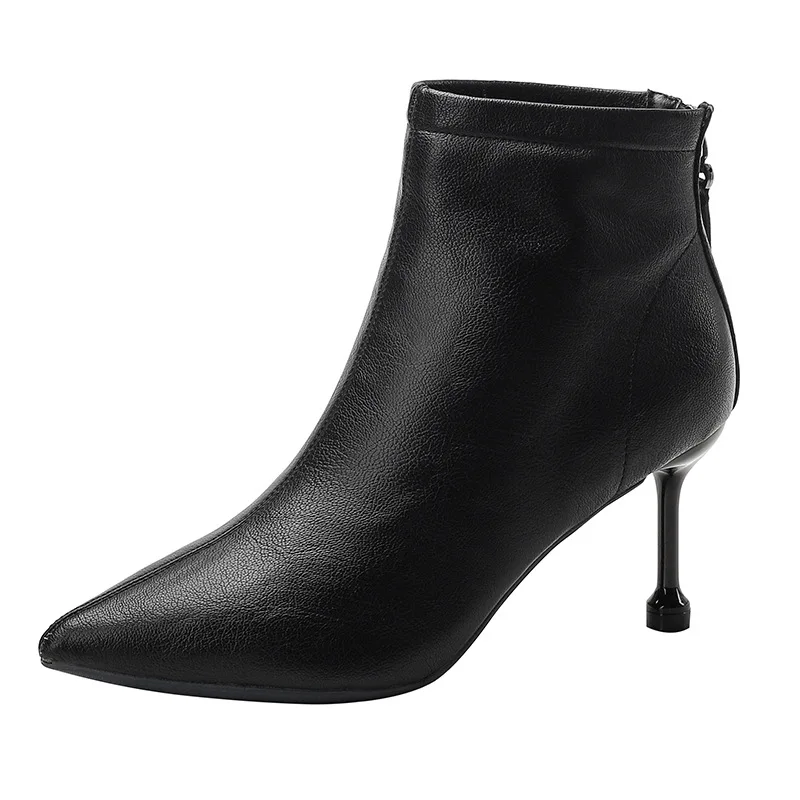 2022 New Solid Black Leather Women Boots Autumn Winter Boots Female Shoes Thin High Heel Short Boots Pointed Toe Zip Ankle Boots