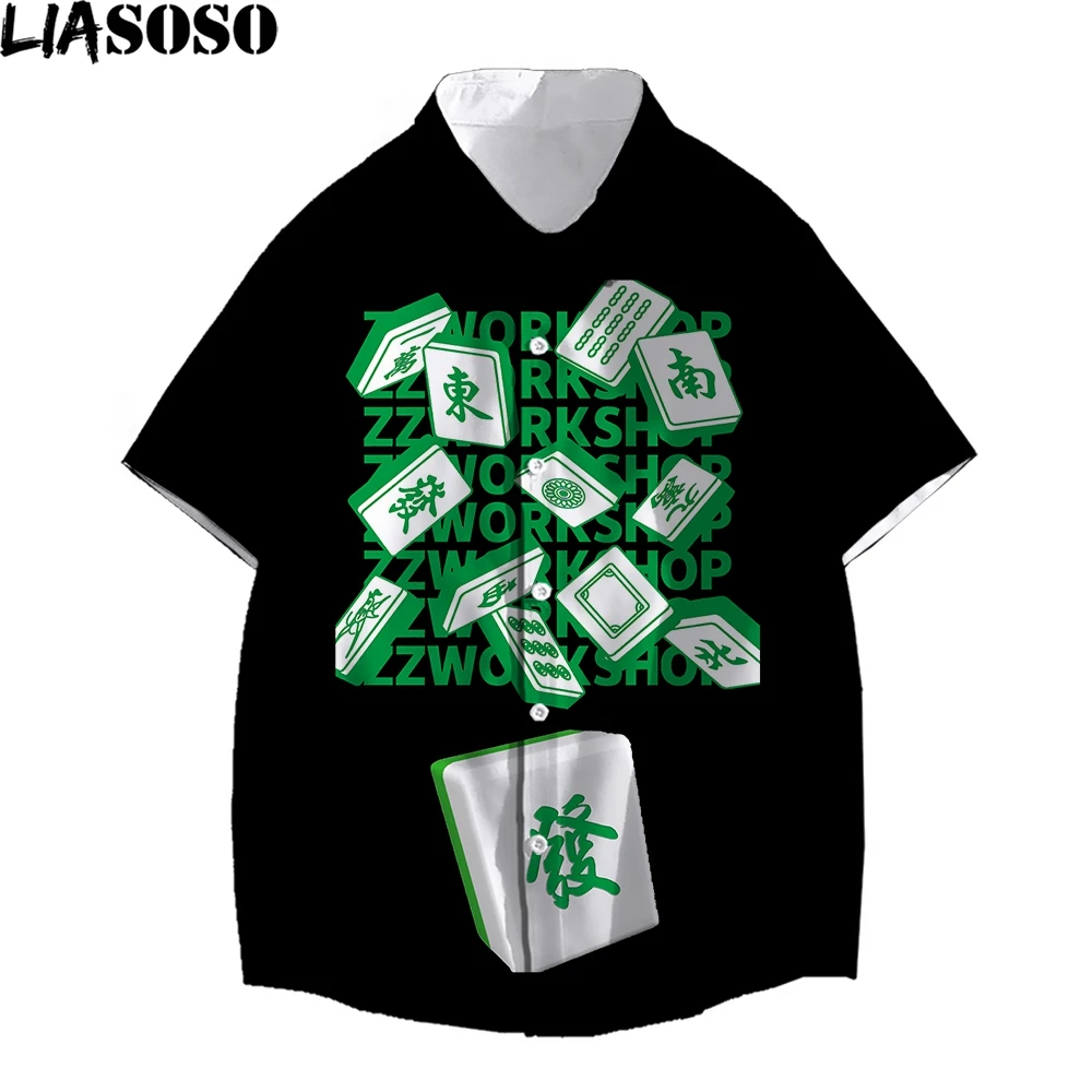 

LIASOSO 3D Print Fashion Hawaiian Shirts Couple Fun Game Mahjong Summer Beach Vacation Casual Street Harajuku Shirts Mans Womens