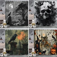Spooky Horror Halloween Skeleton Crow Shower Curtain Black Bat Black Cat Polyester Fabric Bath Curtain Bathroom Decor With Hooks 1