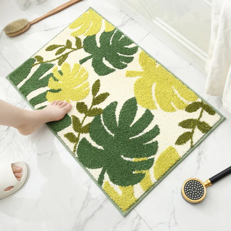 

Leaves Green Flocking Bath Mat Non-slip Absorbent Microfiber Bathroom Rug Home Entrance Door Mat Super Soft Bath Carpet Tapijt