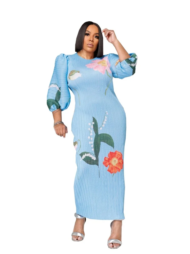Wmstar Dresses Women Wholesale Fashion Ladies High Grade Lantern Sleeve Pleated Flower Print Round Neck Maxi Dress New Summer
