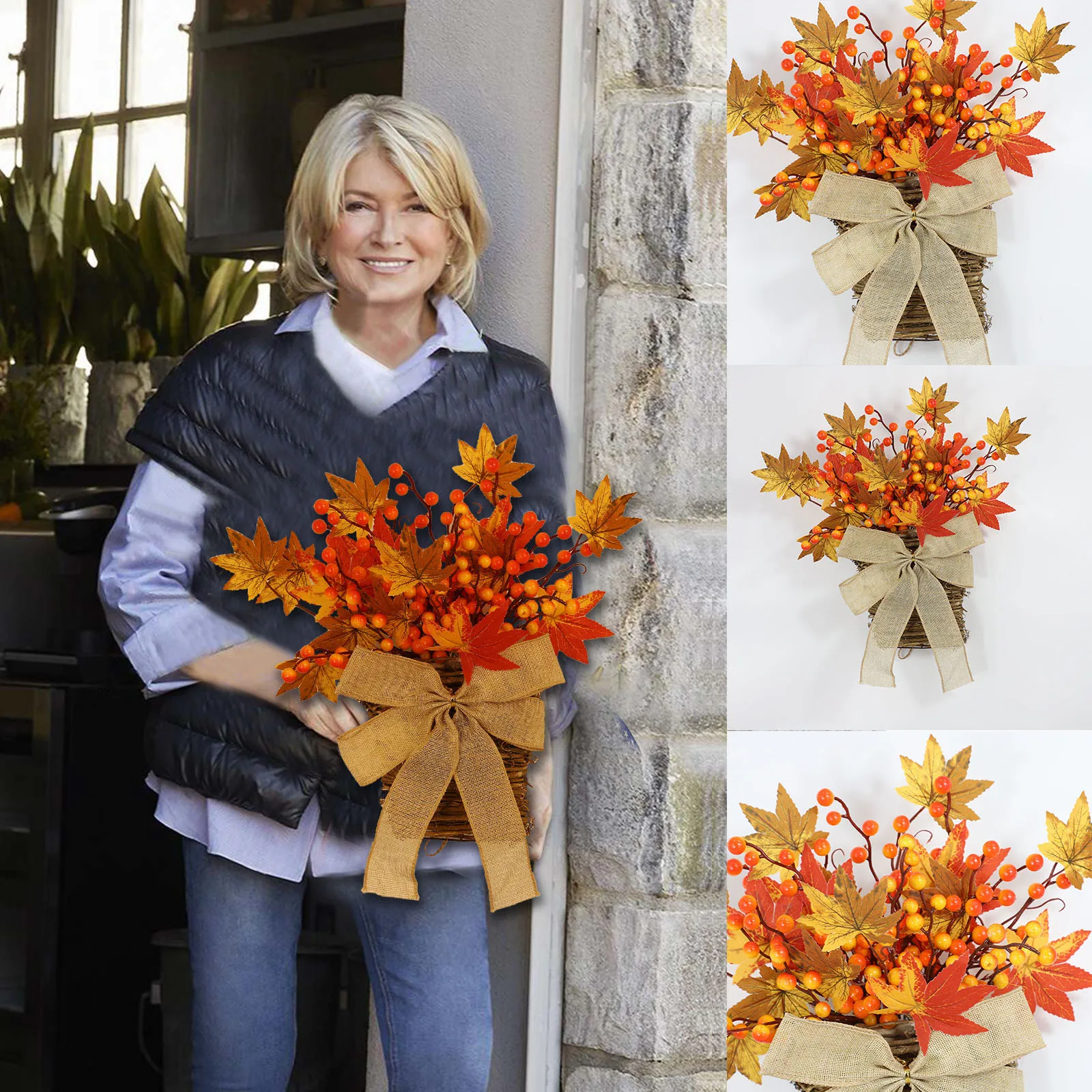 

Snow Wreaths for Front Door 2023 Festival Autumn Flower Basket Simulation Maple Leaf Thanksgiving Wreath Window Suction Cups