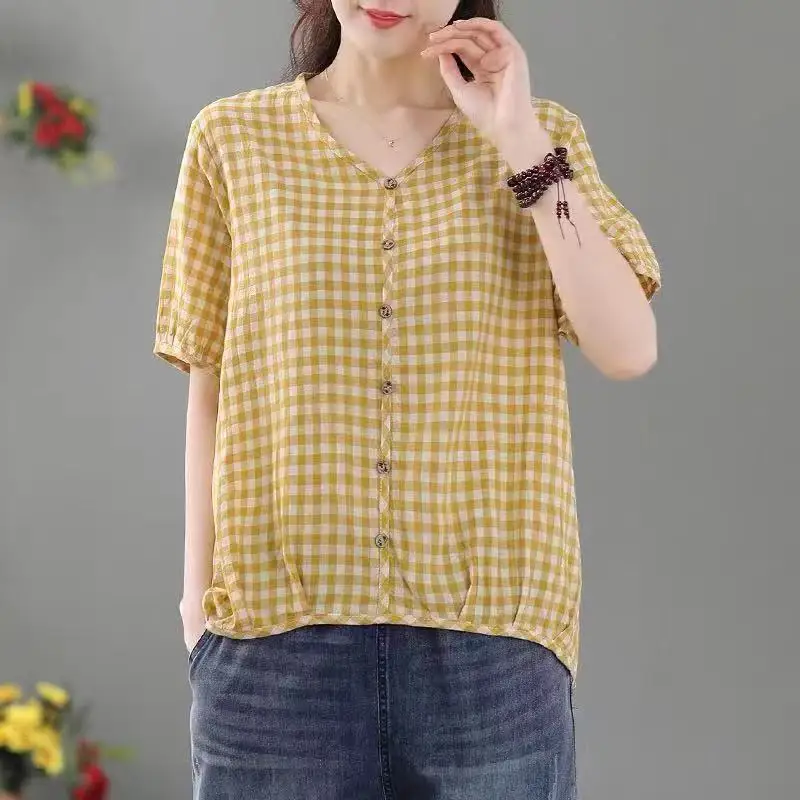 Commute Basic Loose Plaid Blouse 2024 Summer New Casual Button V-Neck Women's Clothing Short Sleeve Korean Stylish Spliced Shirt