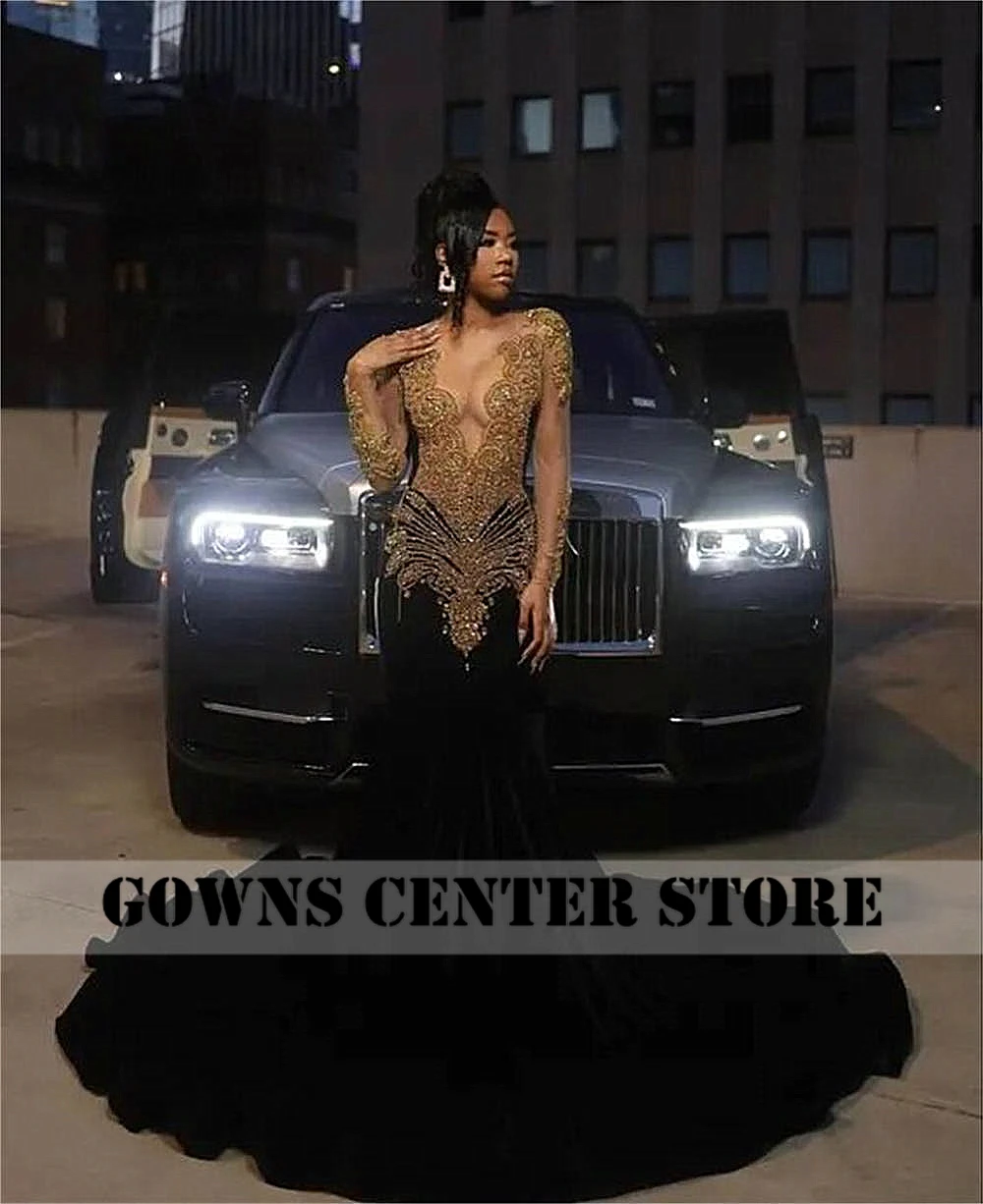 Chic Black Mermaid Prom Dresses Luxury Gold Crystal Beading Long Sleeve Elegant Evening Party Dress Black Girls Customized